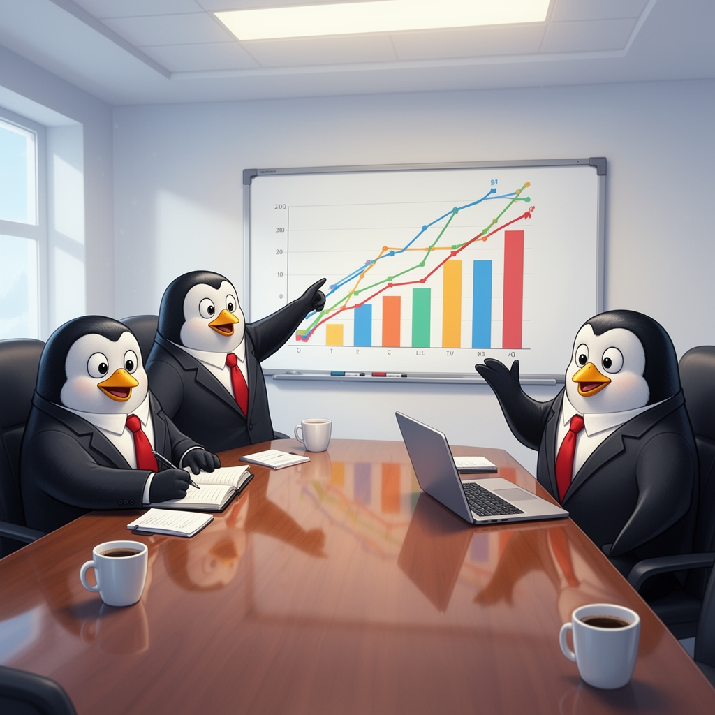 گروهی از پنگوئن‌ها که کت و شلوار پوشیده‌اند و در یک جلسه کاری دور میز نشسته‌اند، نمودارهای فروش روی تخته وایت‌برد، بامزه.3