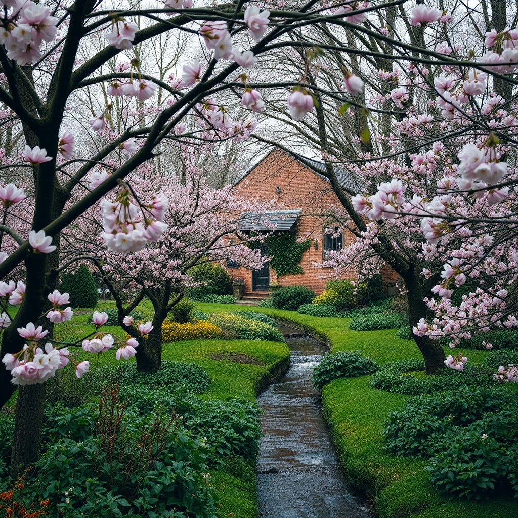 باغی بزرگ با درختانی همراه با شکوفه های صورتی و سفید بهاری
و رودخانه ای کوچک با خانه ای کوچک آجری و قدیمی که از میان شاخه های درختان دیده کیشود
فضایی قدیمی و کهنه
19