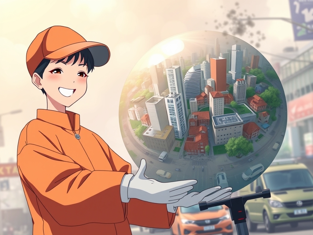 نقاشی یک رفتگر با چهره ای خندان و لباسی نارنجی را برایم بکش که شهری آلوده با ترافیک و کثیف به شکل گوی در دستش است و دارد آن را تمیز میکند.
9