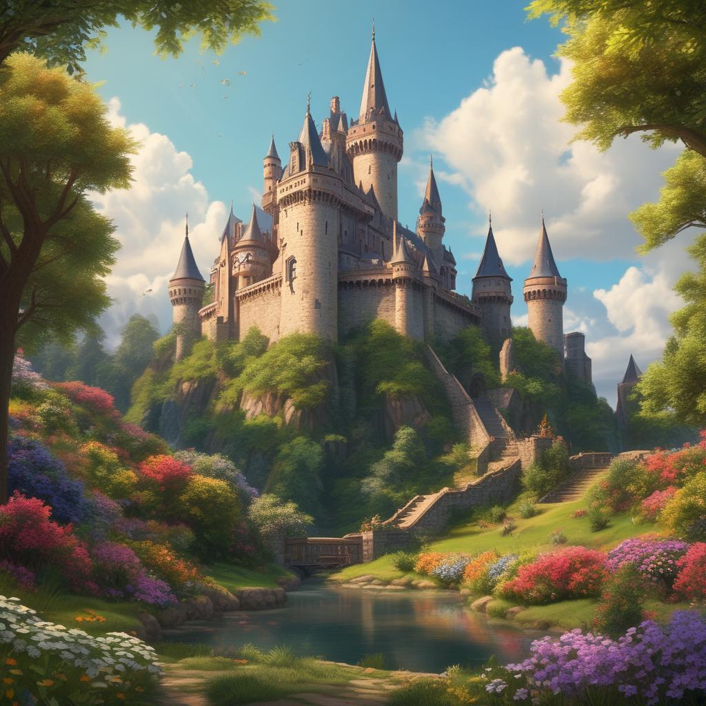 قلعه‌ای باابهت بر روی تپه با مناره‌های بلند، پل متحرک و باغ‌های سرسبز.0