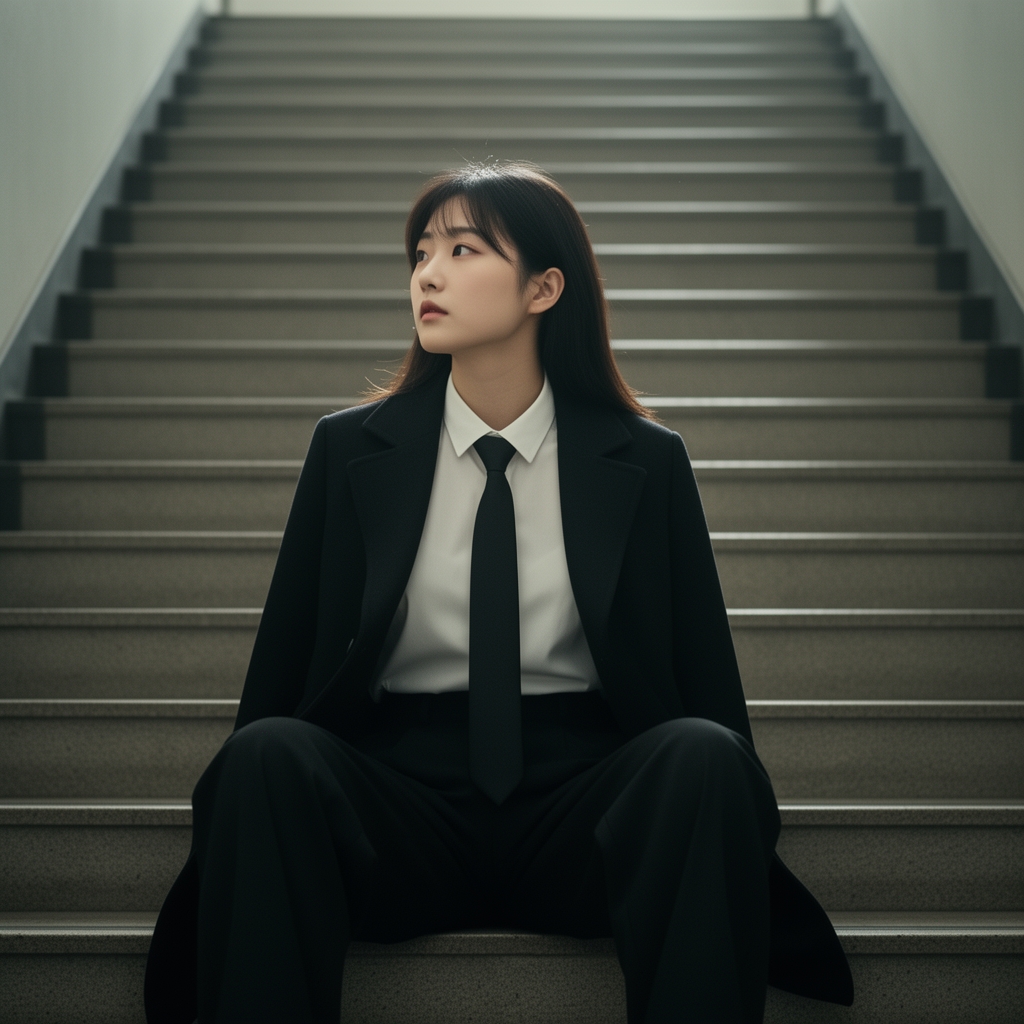 یه دختر کره ای با شلوار راسته بگ گشاد گاواردین مشکی یه پیرهن سفید مردونه که زده زیر شوار یه کروات کامل مشکی یه کت مشکی کوتاه روی پله هایی خالی از هیچ کس نشسته و به آخر پله ها نگاه میکنه . سبک طبیعی17