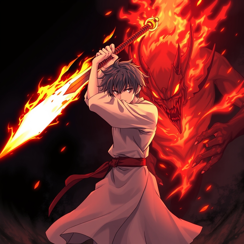 عکس یک آدم که در دستش شمشیر آتشی است و داره یا شیطان میجنگه12