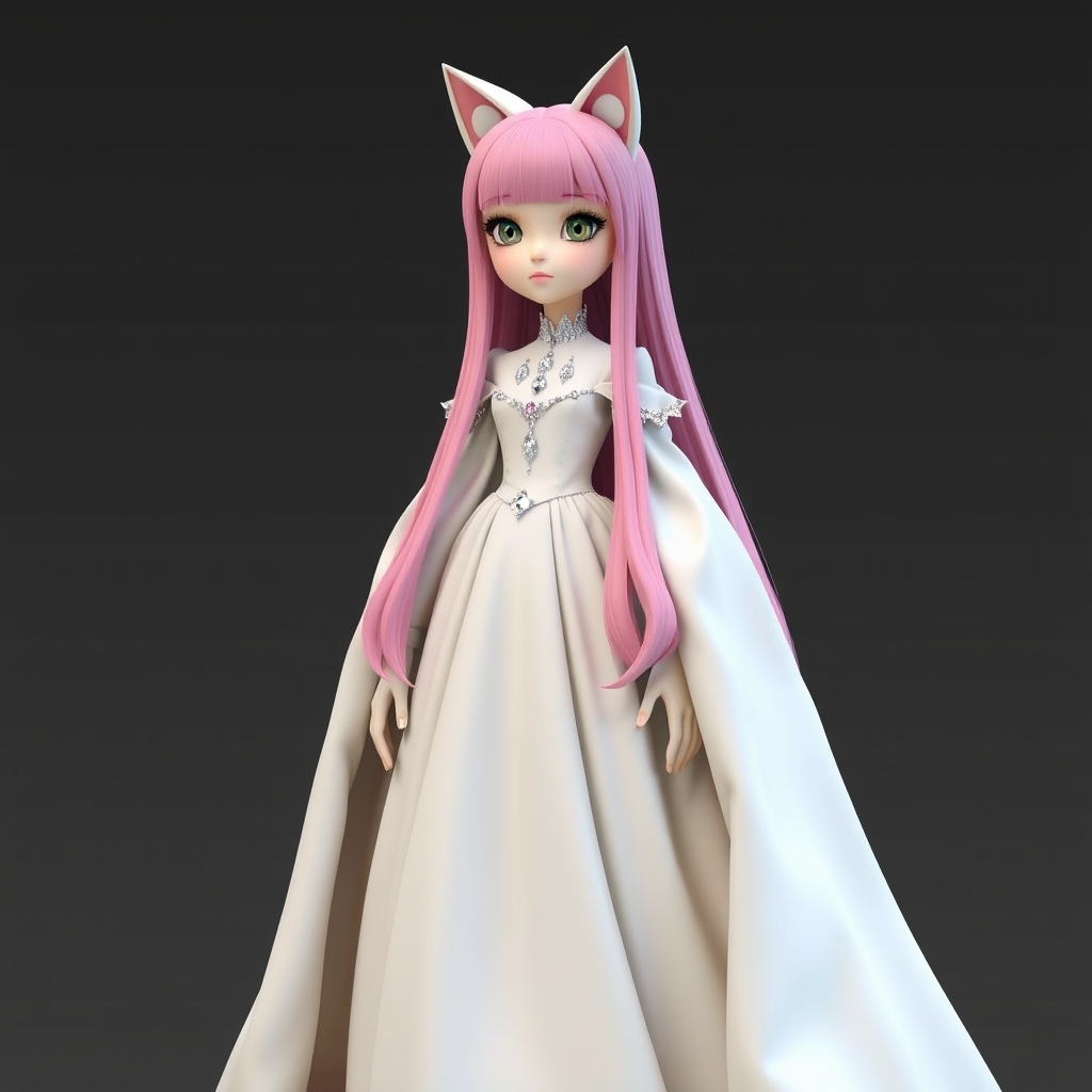 یک دختر با موهای بلند که رنگش صورتی مژه هایش 
بلند روی موهاش گوش گربه و لباسش ملکه ای که 
سفید باشه رو پیر هنش الماس باشه پوف کرده باشه3