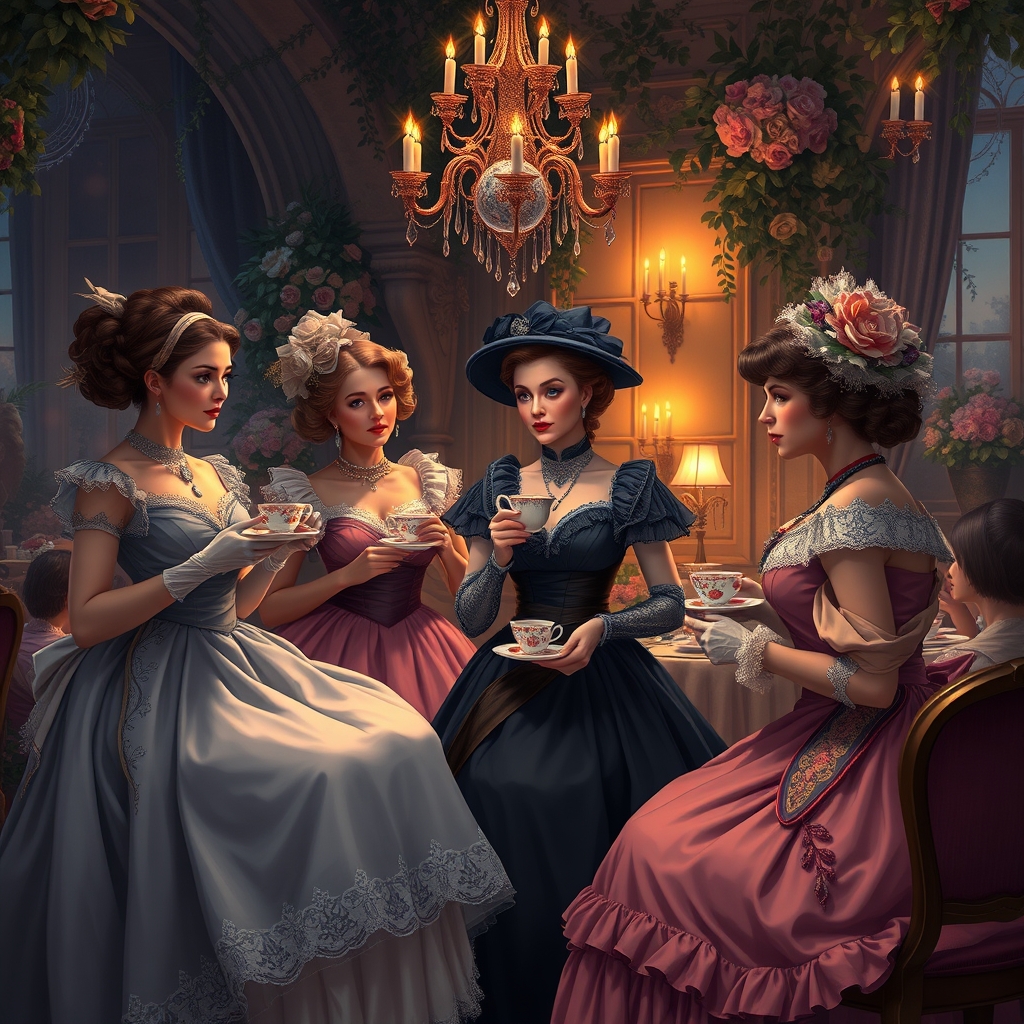 زنان ویکتوریایی در مهمانی عصرانه و در حال خوردن چای بسیار واقعی و زیبا6