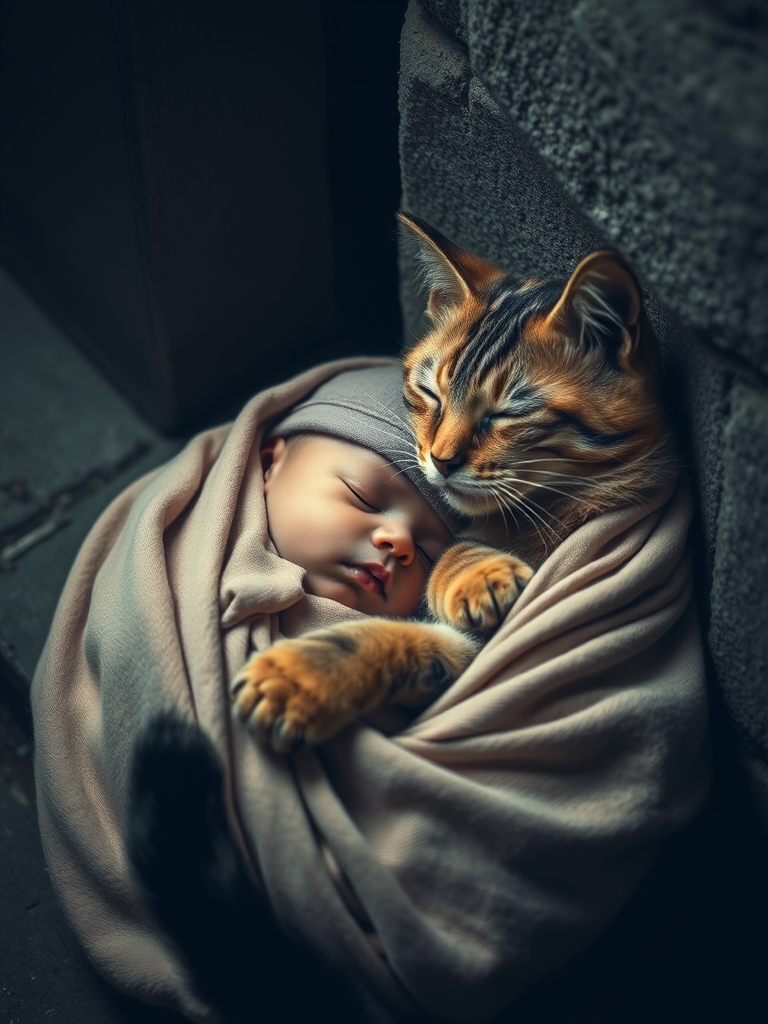 بچه نوزادی که در بغل یک گربه در گوشه خیابام به خواب رفته ، رنگ گربه قهوه ای روشن و مشکی پر کلاغی
تصویر را با وایب تاریکی مخلوط کن
8