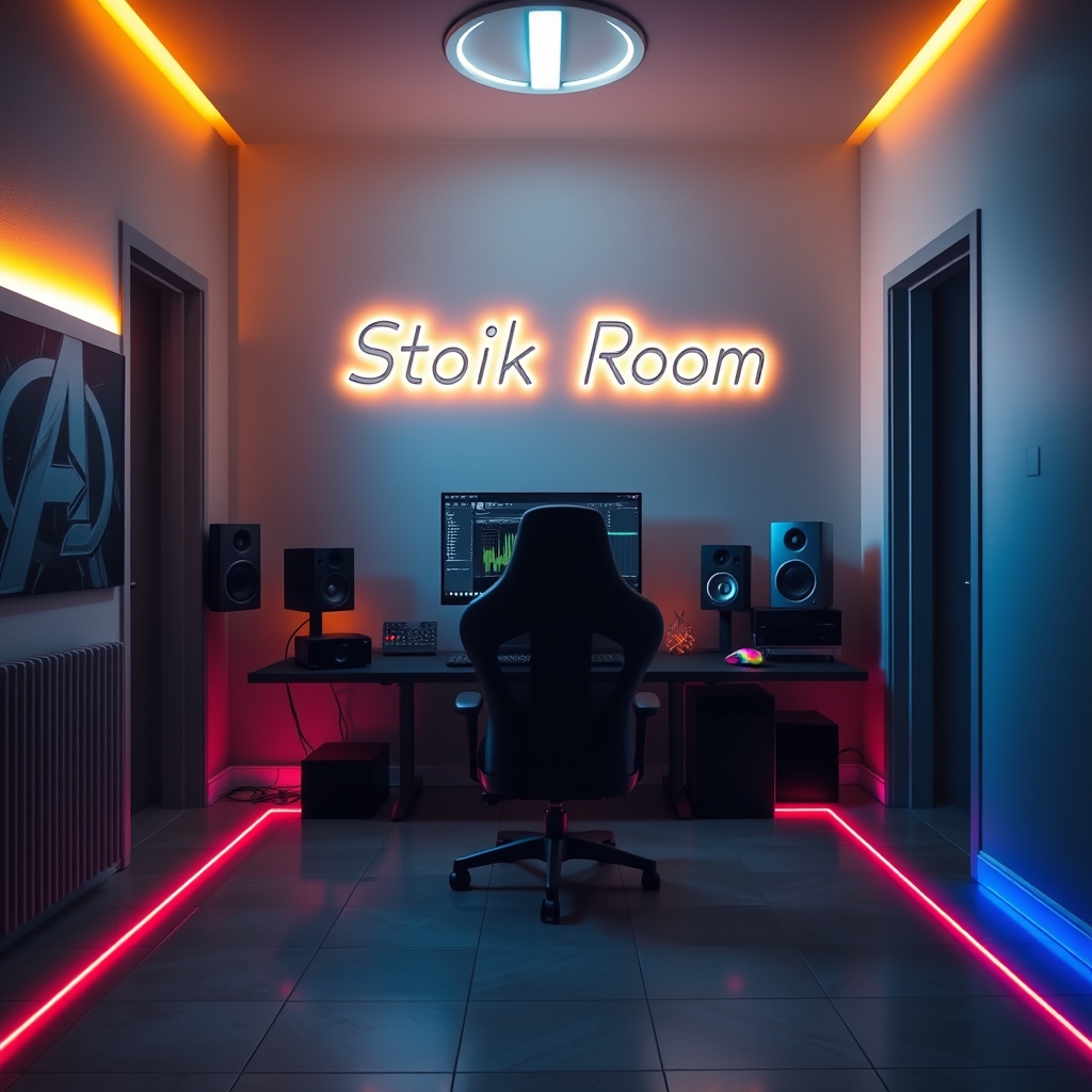 یک نمای اولترا واید از ورودی یک استودیو ساخت موزیک مدرن و منظم م با مانیتور و میدی کنترلر و ماوس گیمنیگ رنگی که روی صفحه برنامه برنامه Fl Studio Mobile را نشان میدهد
با یک نورپردازی طلایی و یخی روی دیوار
و وایب تاریک
روی یکی از دیوارها با فونت انتقام جویان نوشته : StOiK Room
یک صندلی گیمینگ
یک نورپردازی عالی روی دیواری که اسم StOiK Room روی آن نوشته شده
نورپردازی نئون قرمز و آبی که دور تا دور کفپوش سرامیک زمین
را گرفته 5