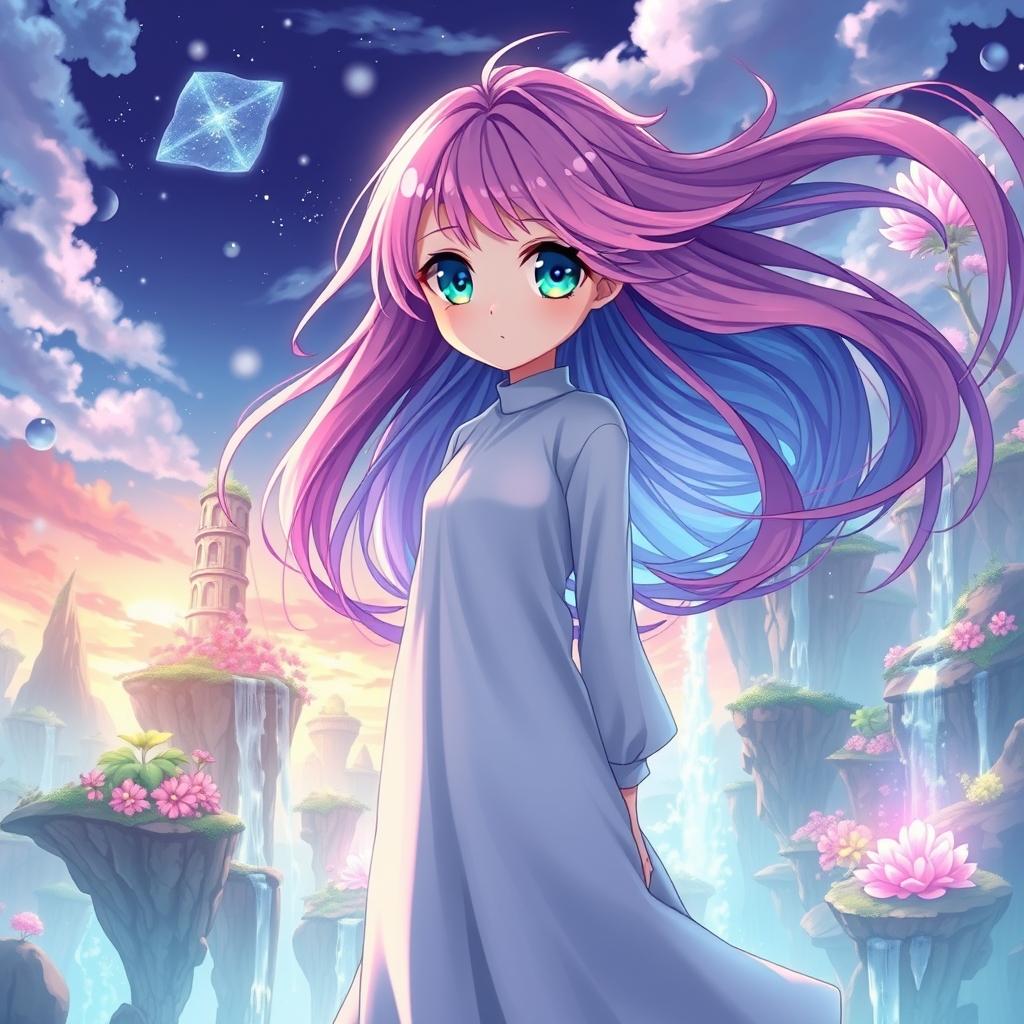 پیک دختر زیبا با موهای ابی و صورتی و چشمانی تیله ای و نیلی در دنیای فانتزی ها22