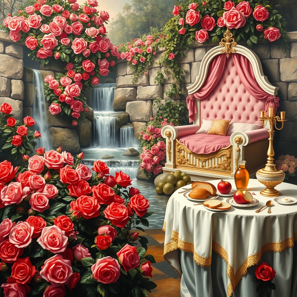 باغ گل رز سرخ و صورتی در و دیوار زمین همه جا سرتاپای باغ با رز سرخ و صورتی پوشیده شده 
آبشاران جاری اند
رودها به هم می ریزند
یک طاق گل صورتی 
یک تخت خواب سفید طلایی سلطنتی با کوسن صورتی و شمعدان های طلا پر شمع 
یک میز سفید و طلایی مجلل صبحانه 
پر نان کره خامه عسل مربا شیر میوه سیب انار انگور23