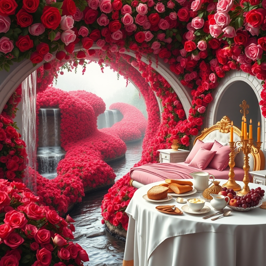 باغ گل رز سرخ و صورتی در و دیوار زمین همه جا سرتاپای باغ با رز سرخ و صورتی پوشیده شده
آبشاران جاری اند
رودها به هم می ریزند
زیر تونل دراز از گل رز سرخ و صورتی
یک تخت خواب سفید طلایی سلطنتی با کوسن صورتی و شمعدان های طلا پر شمع
یک میز سفید و طلایی مجلل صبحانه
پر نان کره خامه عسل مربا شیر میوه سیب انار انگور2