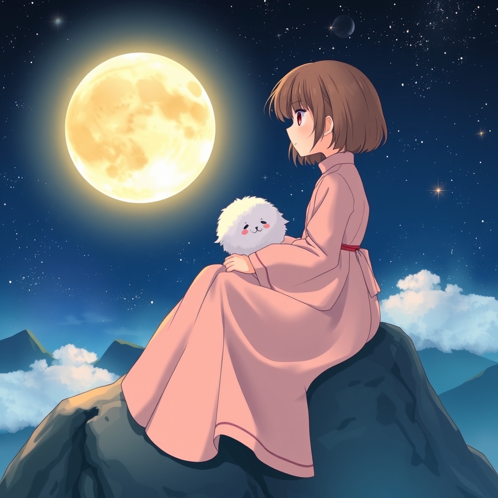 دختر بچه ای که روی کوه با عروسک پشمالو و سفیدش روی نوک کوه نشسته و به ماه کامل نگاه میکنه17