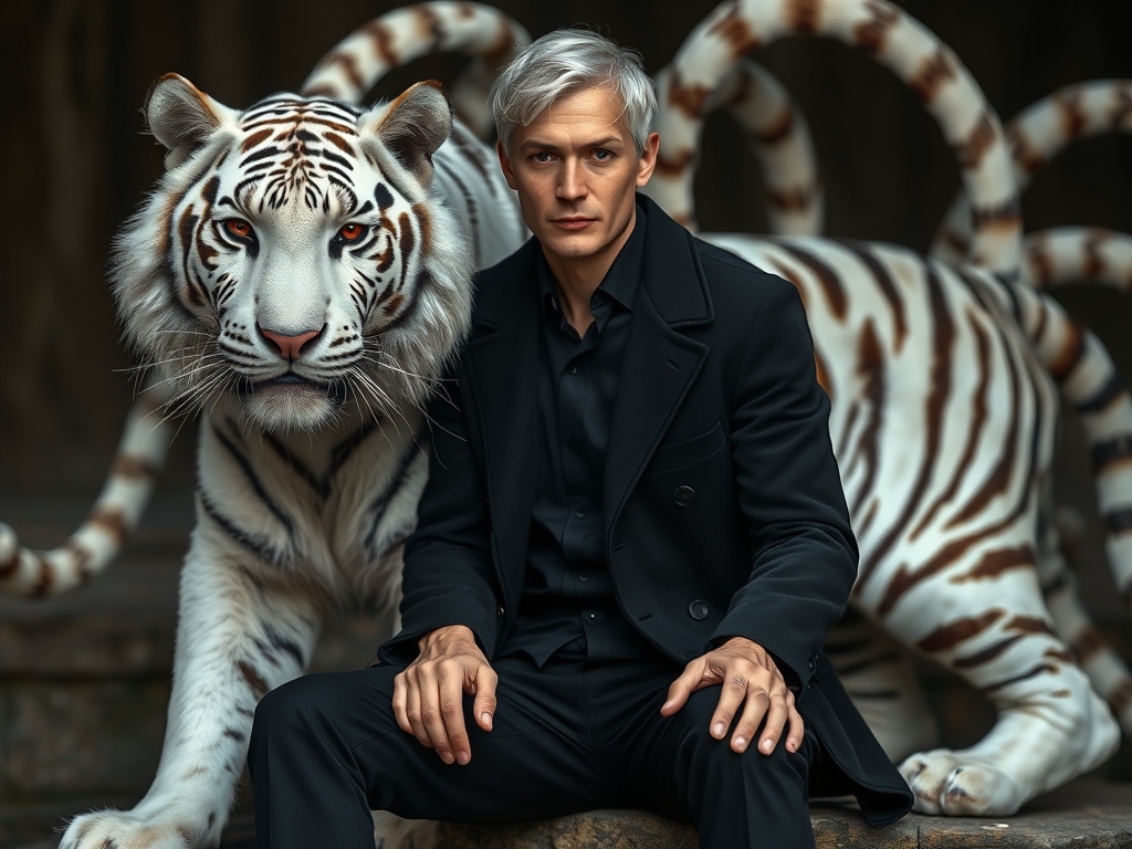 مردی ۲۸ ساله ای با موهای سفید کوتاه چتری با چشم های قرمز با کت سیاه و بدون پیراهن و شلوار سیاه و با پوست سفید کنار یه ببر سفید که ده تا دم داشت نشسته بود6
