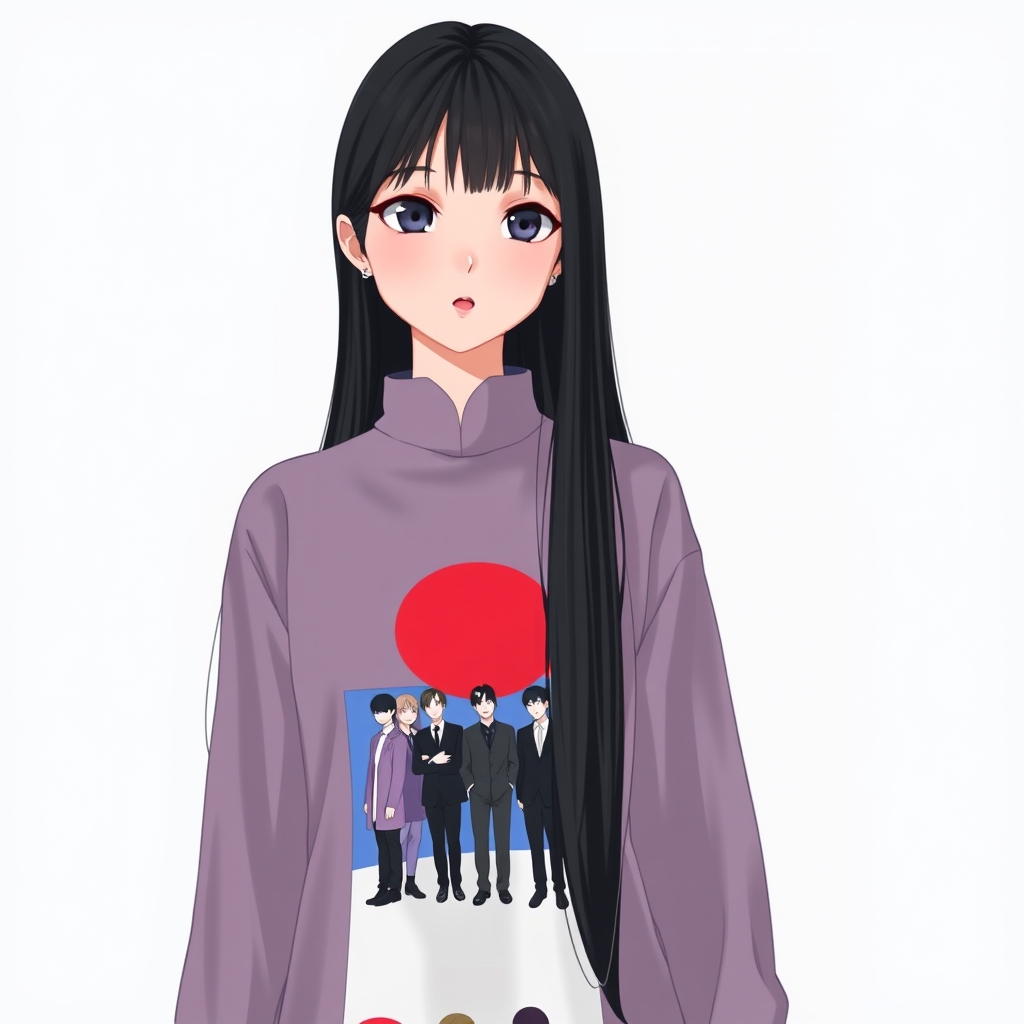 یه دختر با موهای  صاف بلند و چشمانی انیمه ای با لباس طرح بی تی اس14