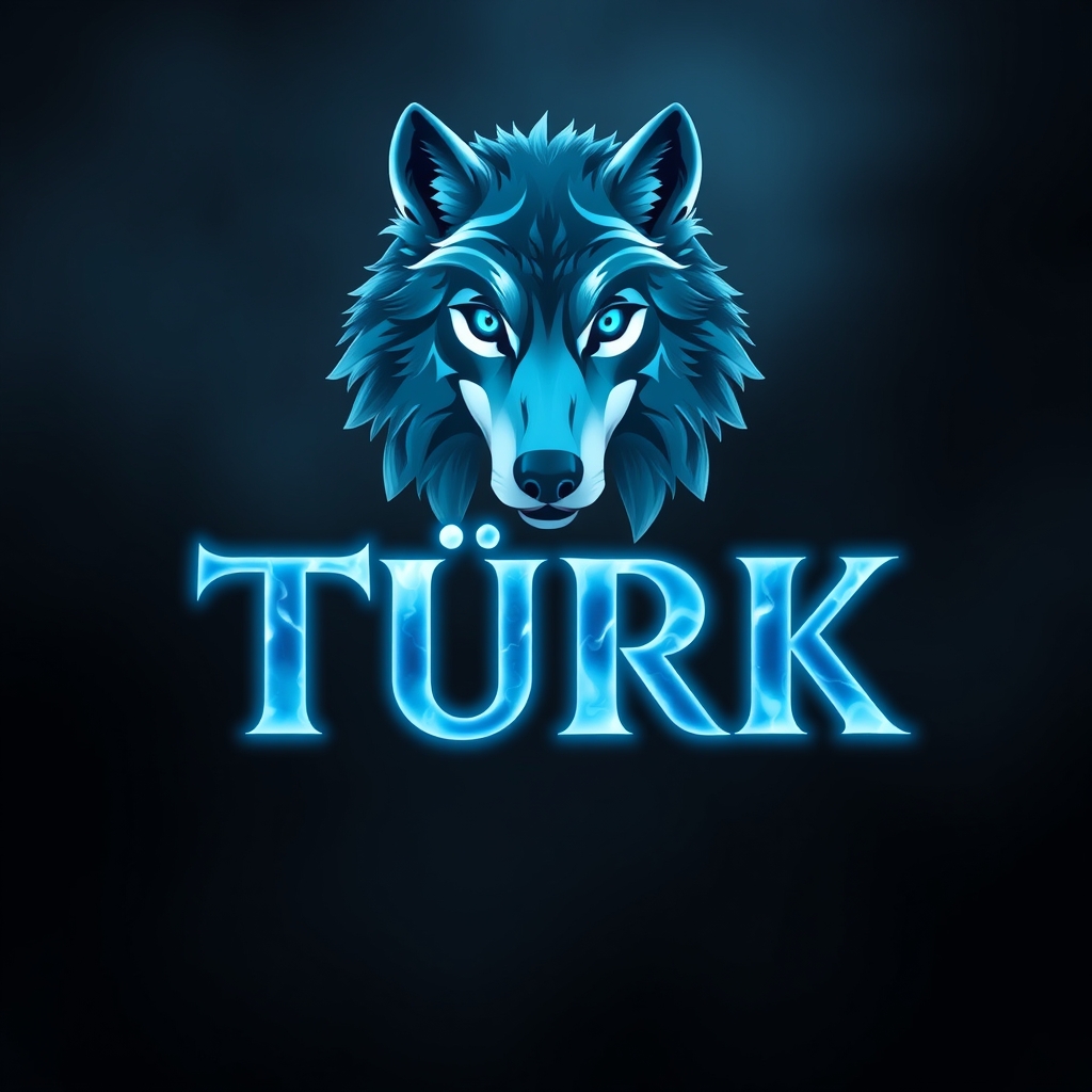 لوگوی حرفه‌ای با اسم "TÜRK" با رنگ آتش آبی روشن و زمینه‌ی سیاه و مه آلود و فضایی سرد که در بالای لوگو، یک گرگ قفقازی با چشمان آبی و بدنی تراشیده است3