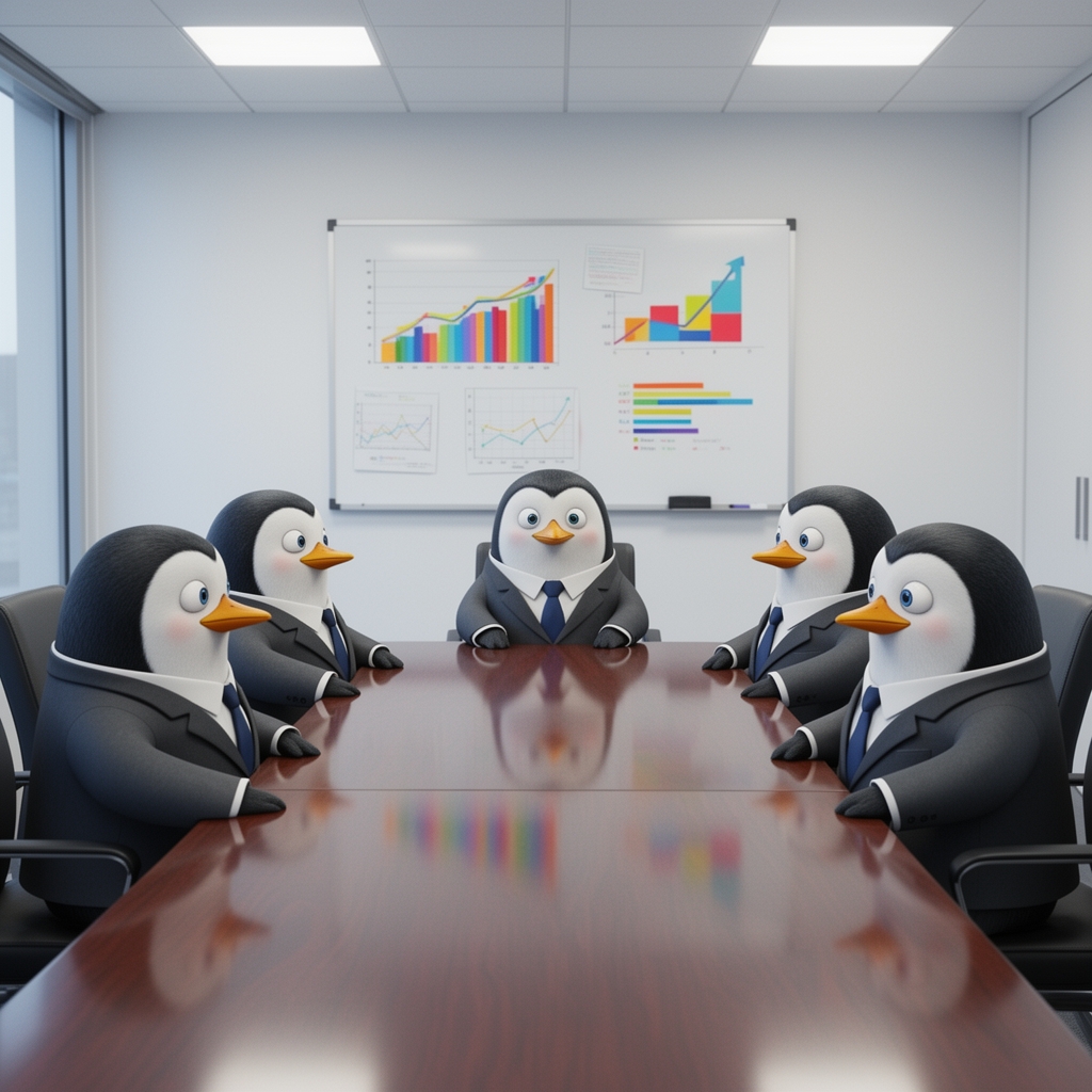 گروهی از پنگوئن‌ها که کت و شلوار پوشیده‌اند و در یک جلسه کاری دور میز نشسته‌اند، نمودارهای فروش روی تخته وایت‌برد، بامزه.0