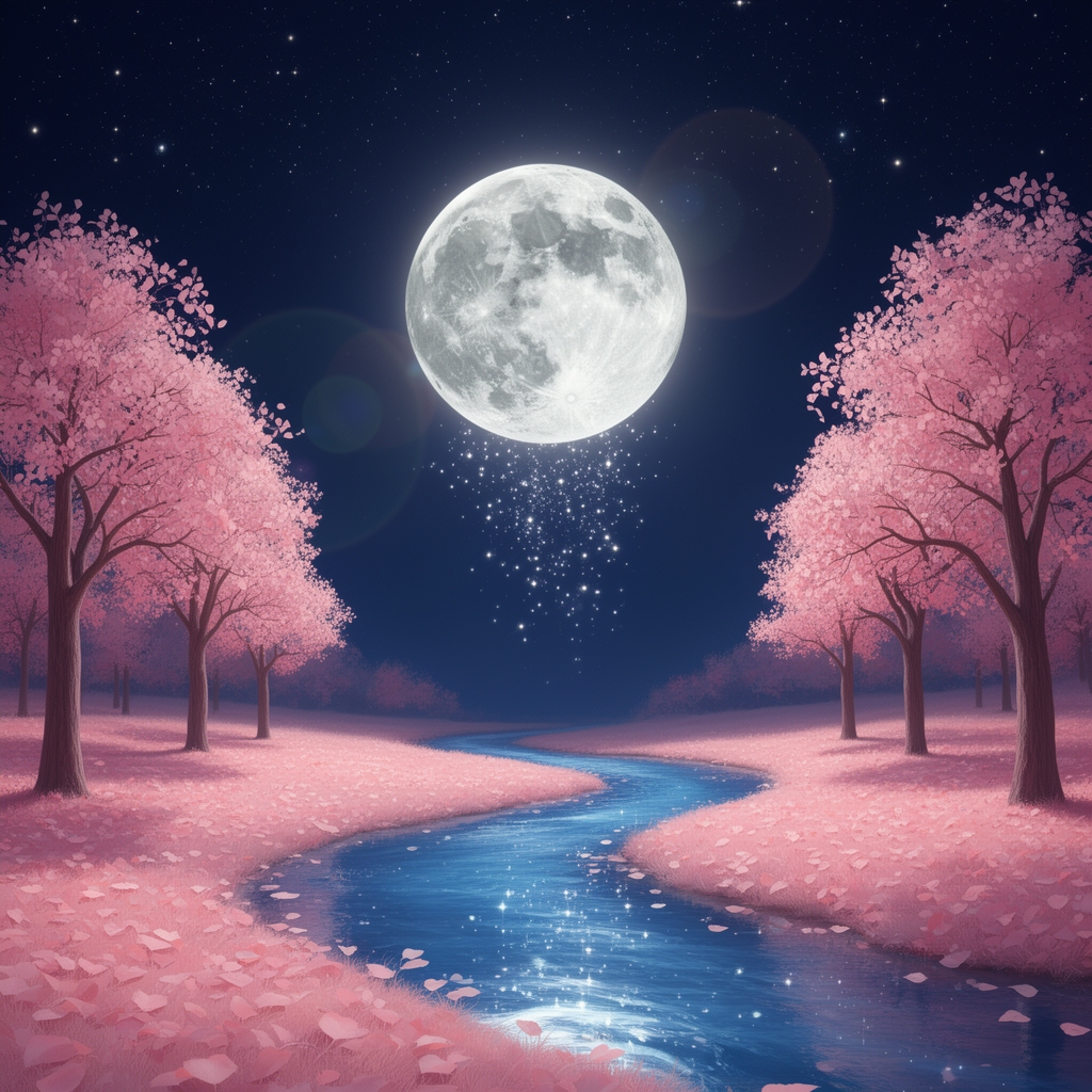 تصویر ماه کامل که آسمان شب صاف است و در کنار های ان پر از درخت های پاییزی با برگ های صورتی است که روی زمین هم ریخته شده و از وسط درختان جوی ابی رد می شود که تصویر ماه و ستارگان در آن افتاده1