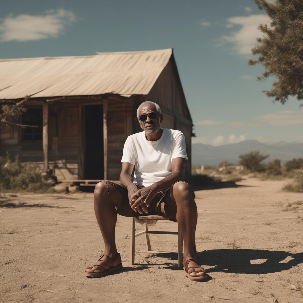 پیر مرد سیاه پوست تنها که یک عینک دودی زده و تیشرت سفید پوشیده و یک شلوارک قهوه ای هم پوشیده و یک دمپایی هم پوشیده که روی یک صندلی نشسته و در یک روستای غمگین به دور دست ها خیره میشه10
