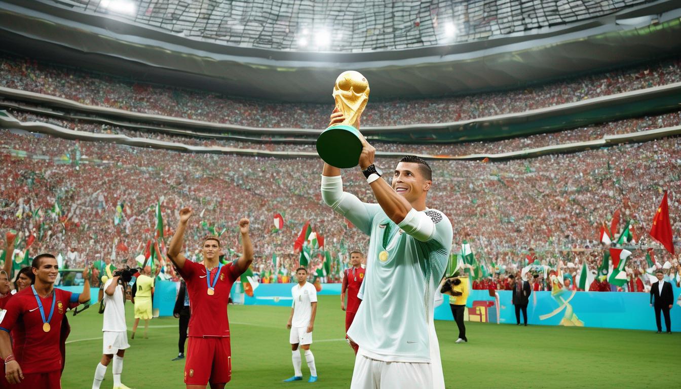 رونالدو در حال بلند کردن جام جهانی در زمین فوتبال با لباس کشور پرتغال
12