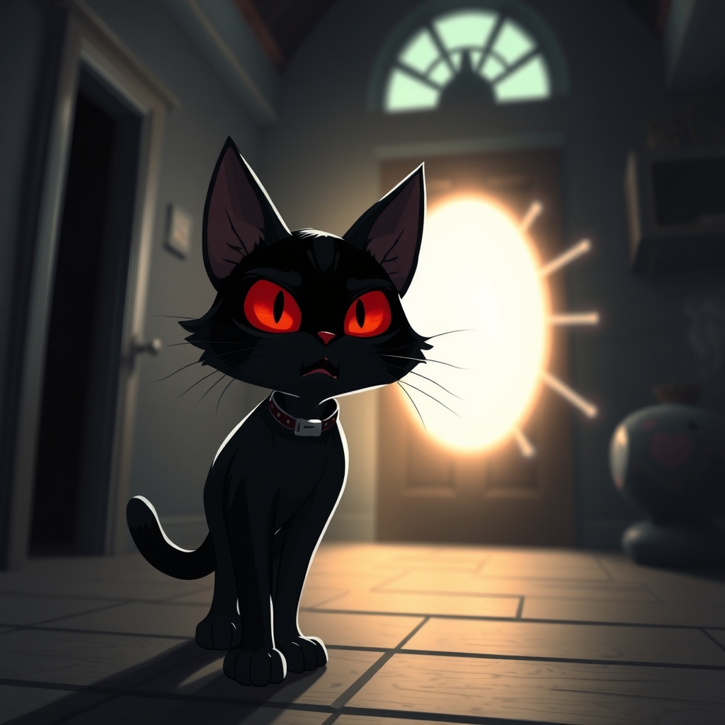 یک گربه سیاه با چشمانی قرمز ترسناک در یک خانه با یک گلاده که از ان نور بیرون می آید و گربه از آن متنفر است8