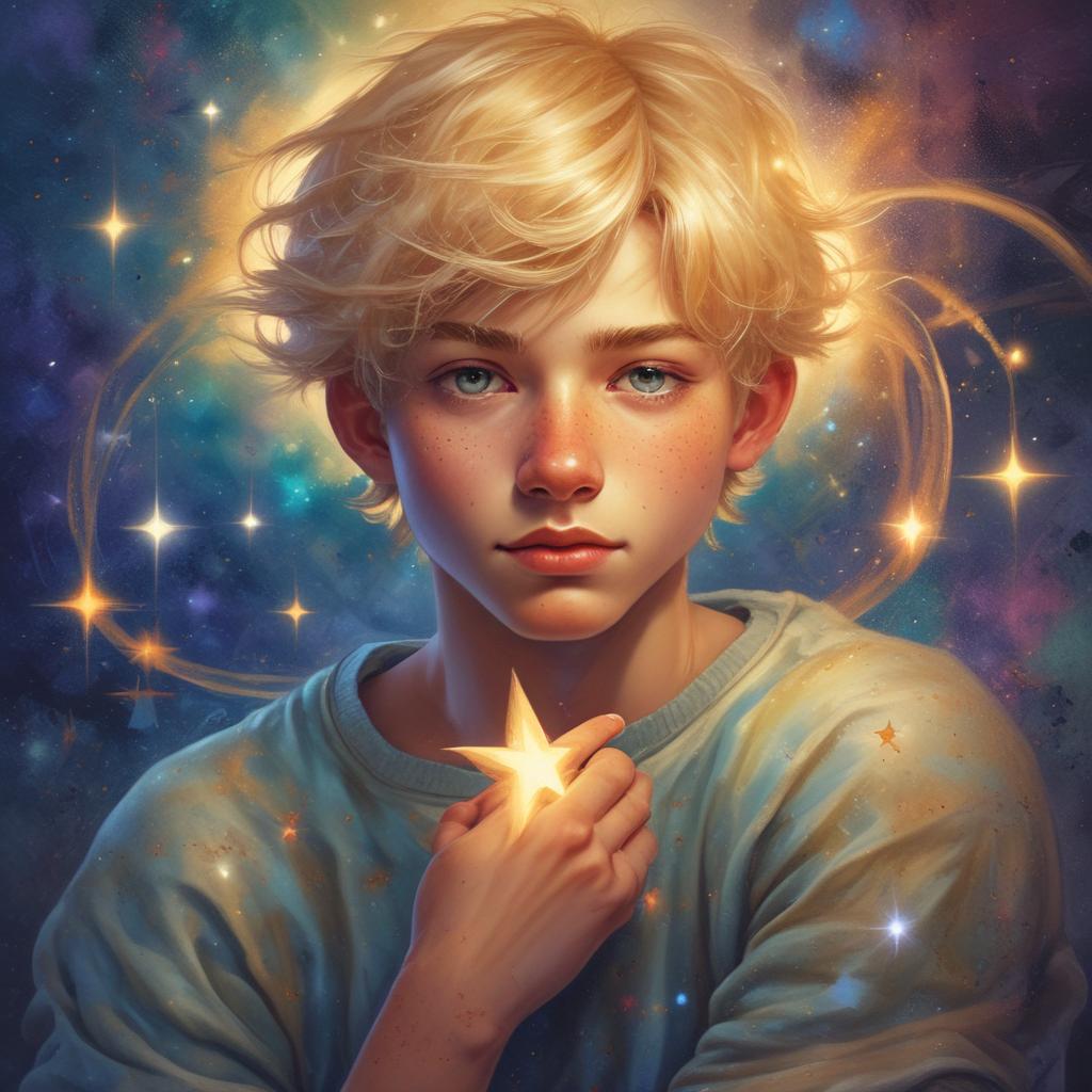 یک پسر جذاب ۱۶ساله با موهای بلوند و کک مک و پوست صاف که ستاره ای را بغل کرده14