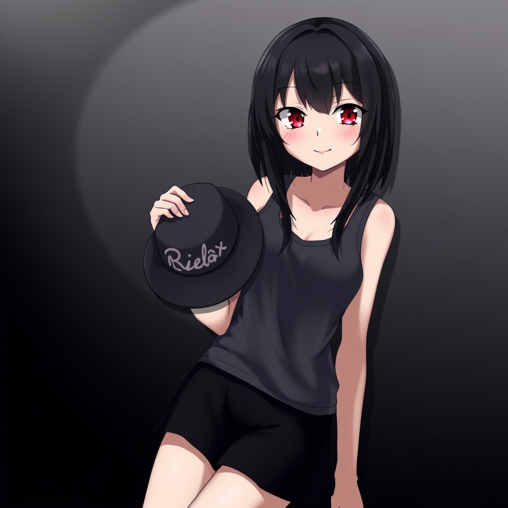 یک دختر زیبا با موهای مشکی و چشمان سرخ و لبخند شیطانی با یک نیم تنه مشکی خاکستری و دارمن کوتاه مشکی به یک دیوار مشکی تکیه کرده و بل یک دستش کلاه آفتابی مشکی با نوشته  ریلعکس  به انگلیسی روش گرفته و فضایی تاریک و یک نور خاکستری روی دختره اوفتاده14