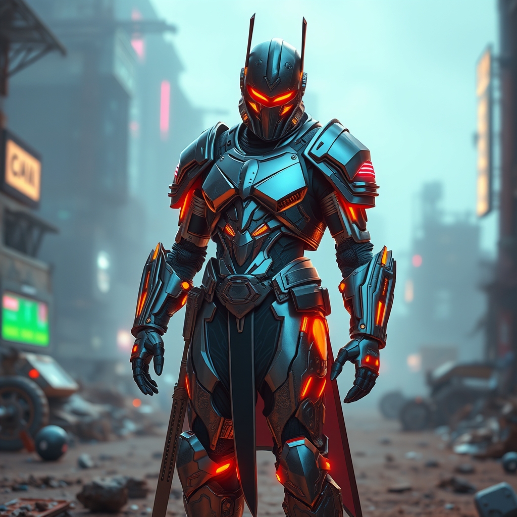 یک شوالیه آیندهنگر با زره اسکلت خارجی درخشان، ایستاده در دنیایی پساآخرالزمانی.12