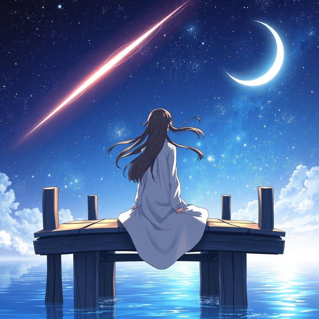 تصویری از ستاره ی دنباله دار در اسمان که هلال ماه هم به خوبی دیده می‌شود و دختری با موهای بلند قهوه ای با لباسی مرتب و زیبا و بر روی پل چوبی قدیمی نشسته است و دارد اسمان را نگاه می‌کند و آب هم در زیر پل نمایان است که برق می‌زند و پشت دختر به دوربین است و باد هم میوزد و موهای او را به طرفی برده است 11