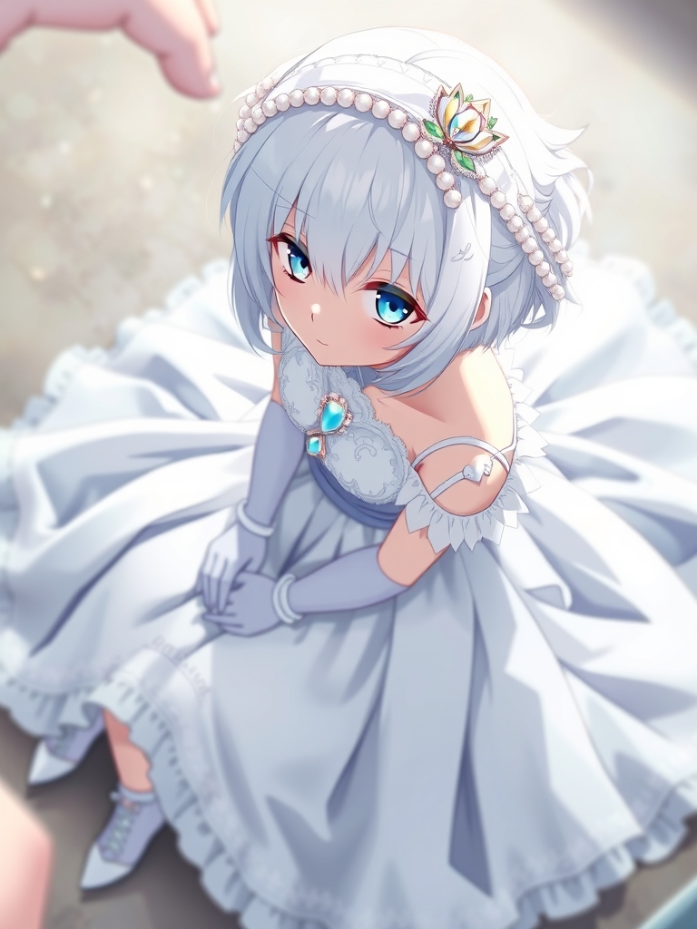 دختر انیمه از
با لباسی زیبا و سفید که لباسش شاینای سفید داره و مو های سفیدی هم داره و به تل با مر وارید و جواهرات داره و دست کش انداخته و چشمای دختر آبیه و دختر نشسته و دامنش دورشه و با بالا نگاه میکنه و دوربین از بالا عکسشو می گیره20