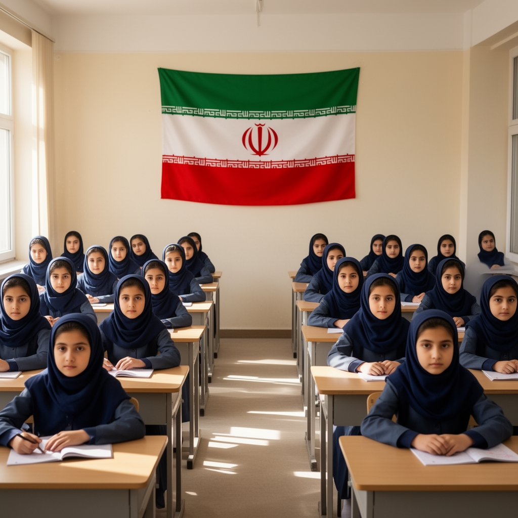 ۳۰ تا دانش آموز ۱۲ ساله دختر ایرانی با حجاب رو به روی پرچم ایران در کلاس درس
2