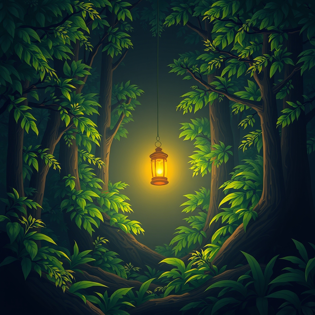 یک جنگل سبز که در مرکز جنگل یک فانوس روشن هست و جنگل تار است 18