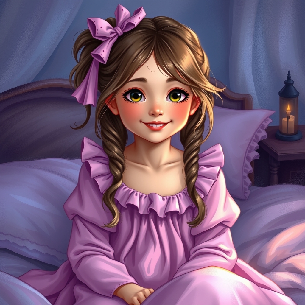 یه دختری بسیار زیباو با لباس خواب با رنگ های صورتی وبنفش روی تخت خواب خیلی  رویایی ودر حال لبخند است3