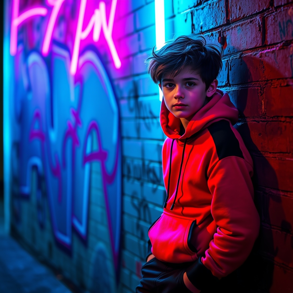 یک پسر ۱۴ ساله که هودی قرمز پوشیده و آستینش سیاه است و شلوارش هم سیاه است با مو های شلخته که به یک دیوار تکیه داده 0