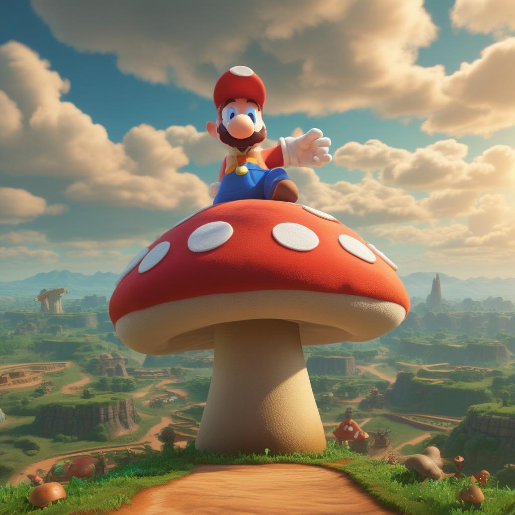 سوپر ماریو در سرزمین قارچی که روی یک قارچ بزرگ ایستاده و سرزمینش را تماشا می‌کند 4