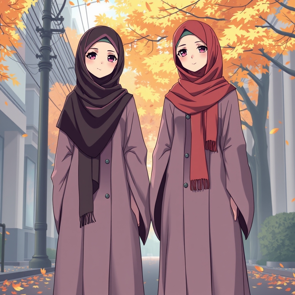 دو دختر محجبه قد بلند از پشت سو با لباس های بلند عبا مانند و روسری های بلند در وسط خیابونی پر از برگ های پاییزی4