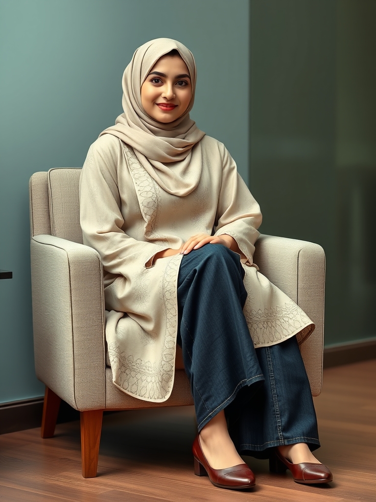 مانتو  زنانه  ایرانی تا زانو و با حجاب روسری یا مقنعه و روشن و شاد با طرح نسبتا پیچیده و شلوار کتان با رنگ تیره یا جین بلند تا روی کفش ادامه داشته باشد و کفش های متناسب مجلسی . نشسته روی صندلی یا مبل و با پس زمینه مدرن19