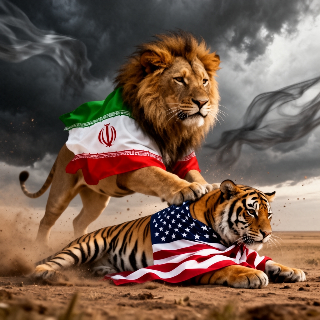 یک شیربا پرچم ایرانی که یک ببر با پرچم
آمریکایی را شکست داداه3