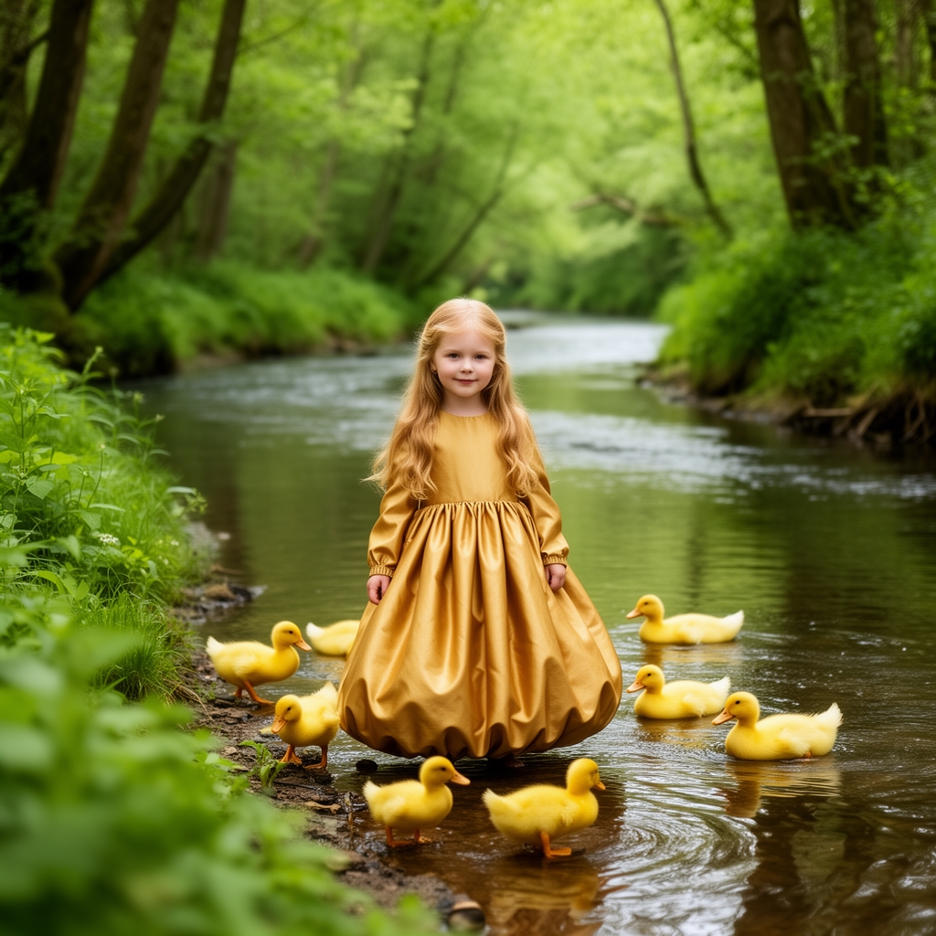 دختر بچه سفید زیبا با لباس بلند پفدار طلایی باموهای بلندزرد طلایی کنار رود در جنگل که دور تادور آن اردک های زرد 4