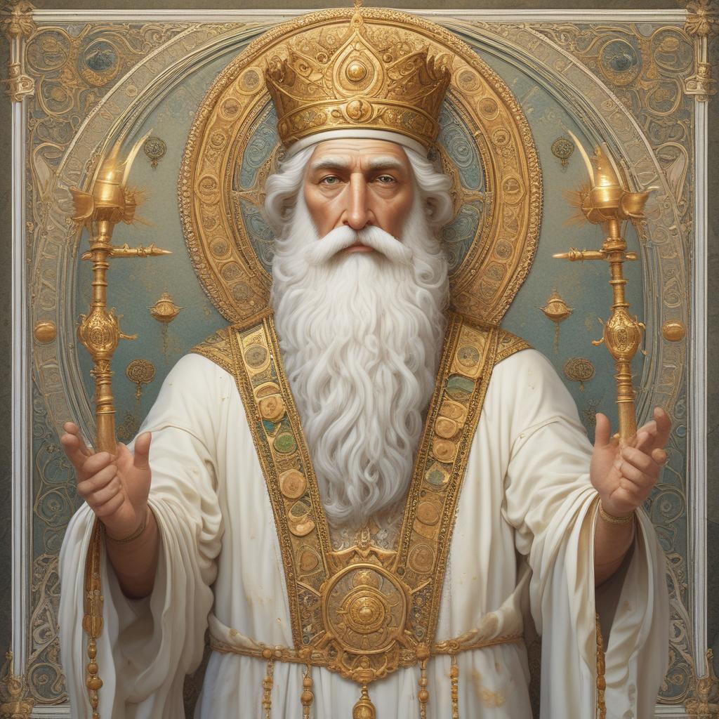 اهورامزدا، خدای بزرگ در آیین زرتشتی، به صورت یک مرد مسن با ریش سفید بلند و چشمانی درخشان به تصویر کشیده شود. تاجی از نور بر سر دارد و لباسی سفید و درخشان به تن دارد که نماد پاکی و نور است. در دست راستش یک عصای نورانی و در دست چپش یک کتاب مقدس دیده میشود. او در مقابل یک آسمان پرستاره و نورانی ایستاده است، با هالهای از نور که او را احاطه کرده است.3