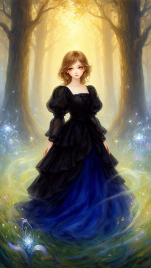 دختری زیبا و خوشگل با موهای به رنگ قهوه‌ای روشن  و چشم های کهربایی  و لباس های زیبا به  رنگ مشکی و ابی دامندار و پرپری و پف دار به صورت عروسکی  به سبک پست امپرسیونیسم 3