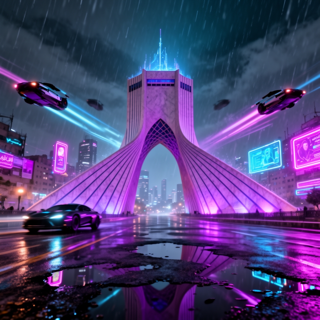 برج آزادی تهران در یک شب بارانی با سبک سایبرپانک، نورهای نئون بنفش و آبی، ماشینهای پرنده در اطراف برج، کیفیت 8k.0