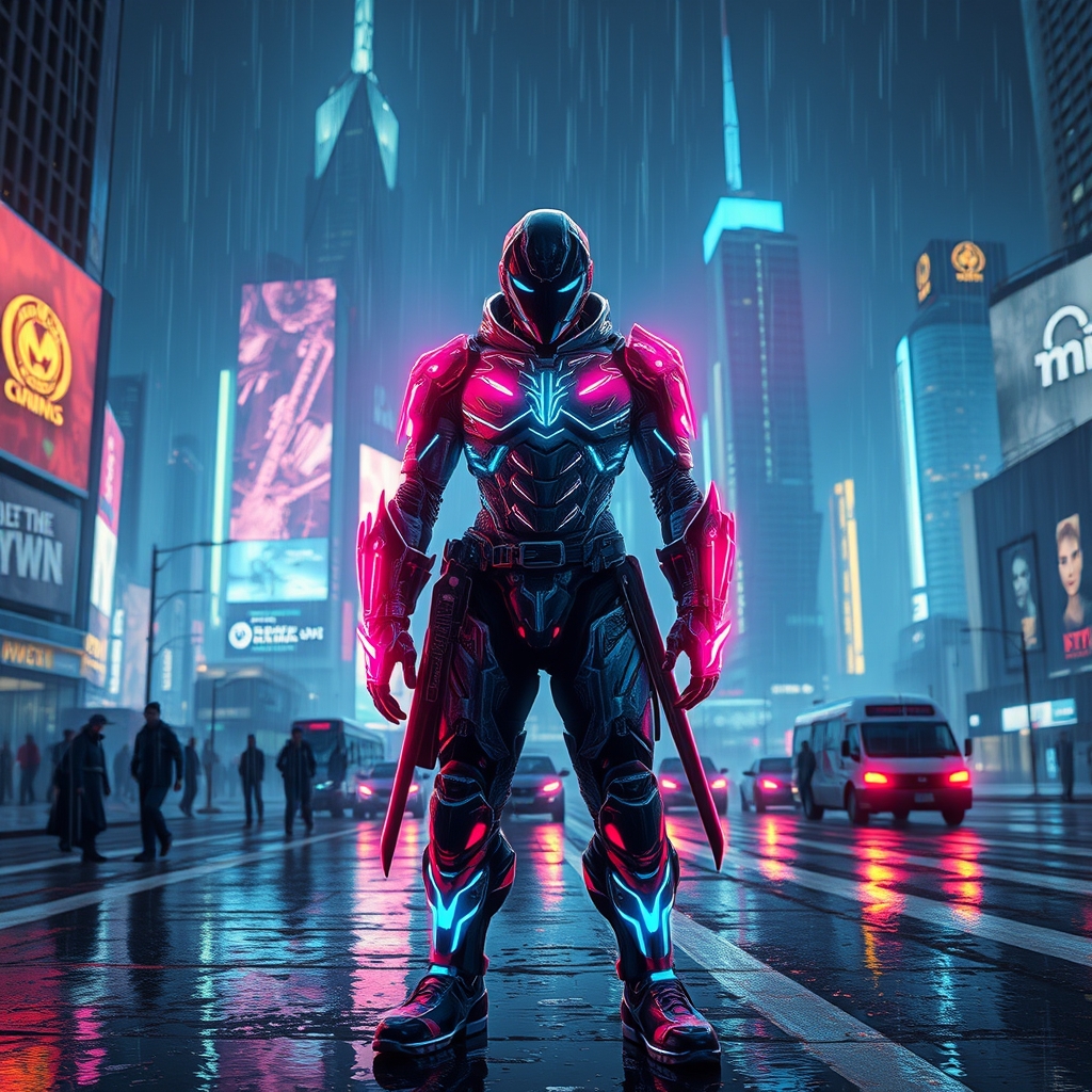 یک جنگجوی سایبرپانک آیندهنگر با زره نئونی، ایستاده در منظرهای از شهر نورانی، پسزمینه شب، با رنگهای زنده و جزئیات زیاد.7