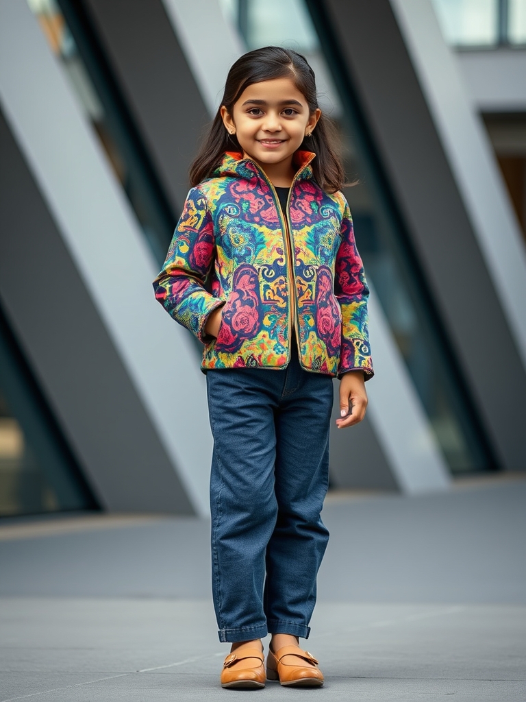 دختر بچه ایرانی با ژاکت روشن و شاد با طرح نسبتا پیچیده روشن و شاد و شلوار کتان یا جین بلند تا روی کفش ادامه داشته باشد و کفش های متناسب مجلسی  و با پس زمینه مدرن3