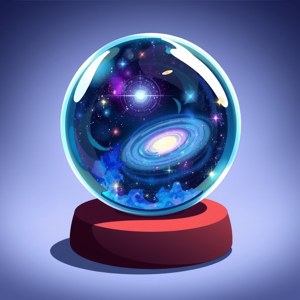 یک کره شیشه‌ای پر از کهکشان‌های چرخان، قرارگرفته روی پایه‌ای مخملی.17