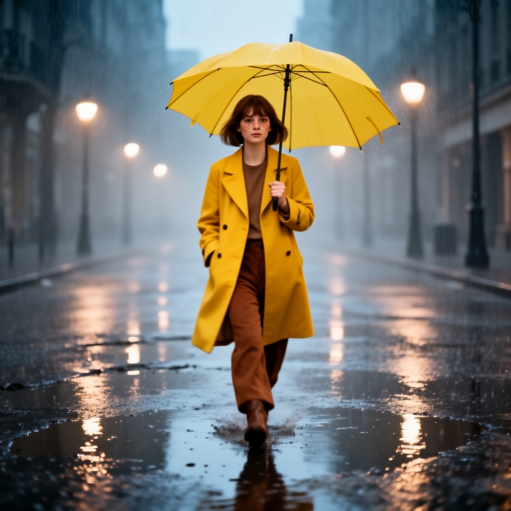 یه دختر زیبا با موهای کوتاه تا روی شانه قهوه ای رنگ با صورت سفید و چشمان قهوه ای رنگ با کک و مک های روی دماق که لباس زرد و شلوار صورمه از پوشیده و در حال قدم زدن در یک هوای بارانی است که چتر او به رنگ زرد است.
5