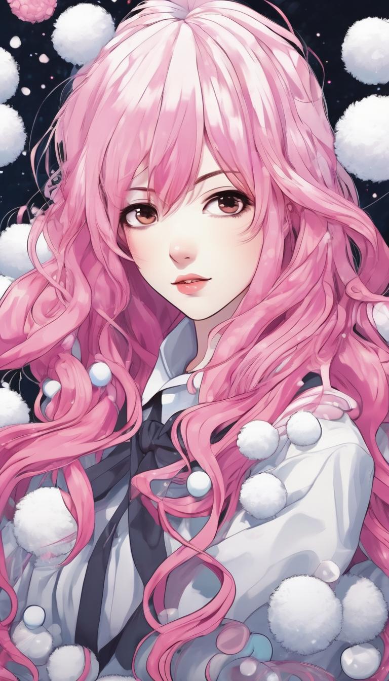 دختری با موهای صورتی بلند و یک پیرهن در زمینه ی سرزمین توپ های پشمالوی سفید19