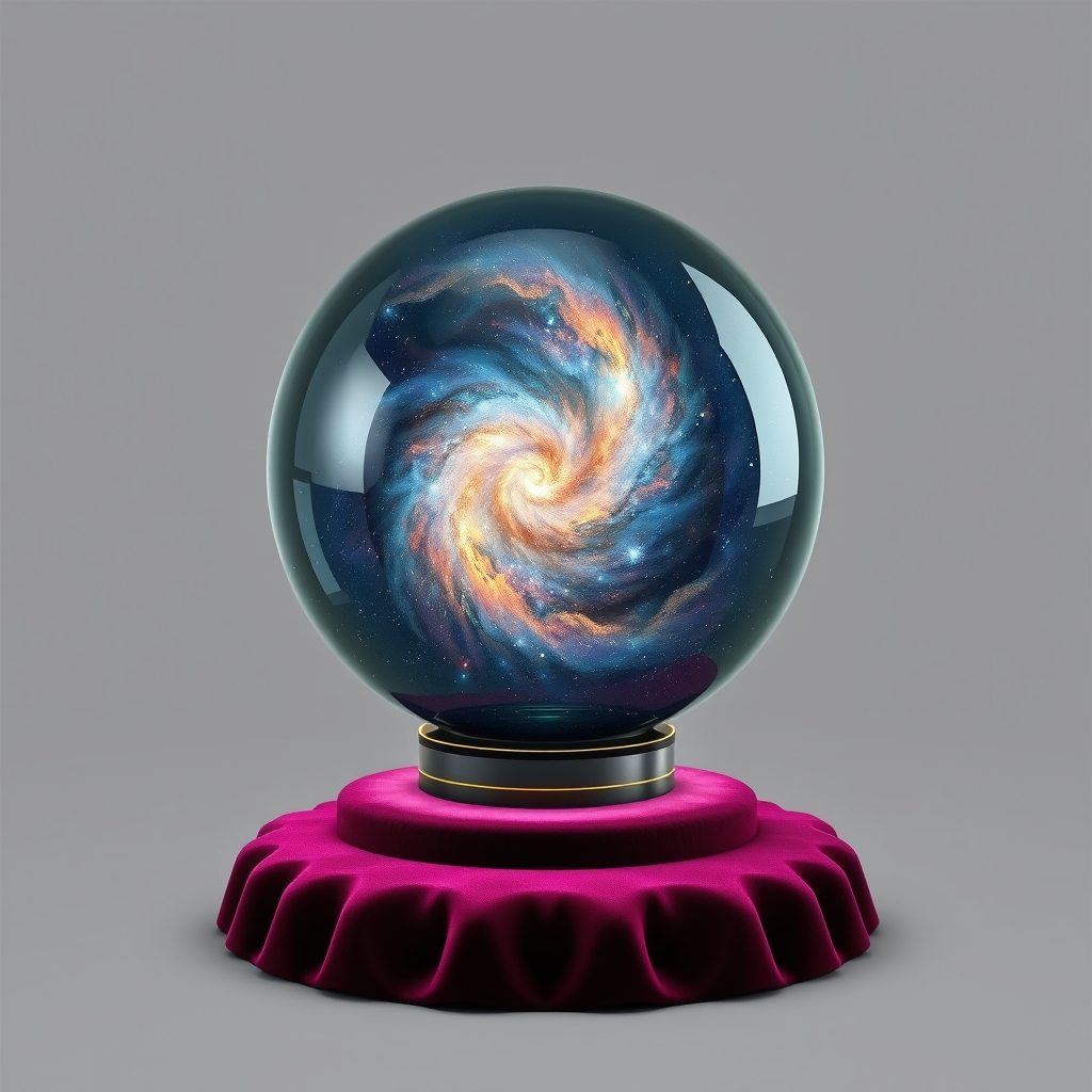 یک کره شیشه‌ای پر از کهکشان‌های چرخان، قرارگرفته روی پایه‌ای مخملی.4