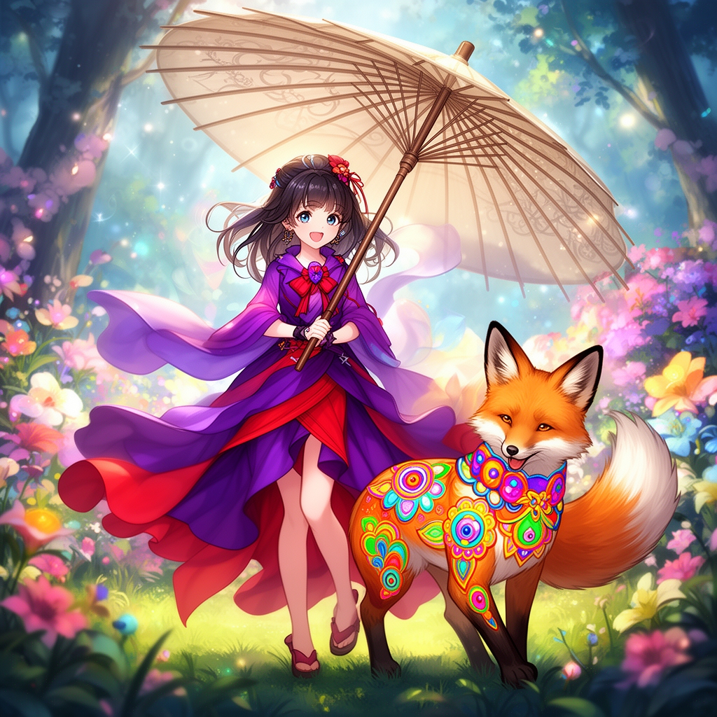 نقاشی انیمه دختر زیبا با لباس بنفش و قرمز و روباه با تزئینات رنگی و چتری در دست

3