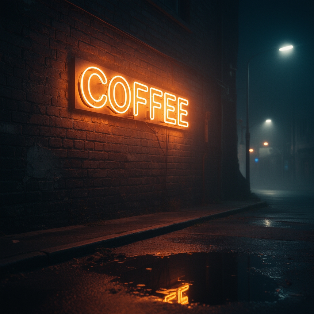 تابلوی نئون درخشان روی یک دیوار آجری قدیمی در شب که کلمه "COFFEE" را با رنگ نارنجی گرم نشان میدهد، فضای دنج خیابانی.0
