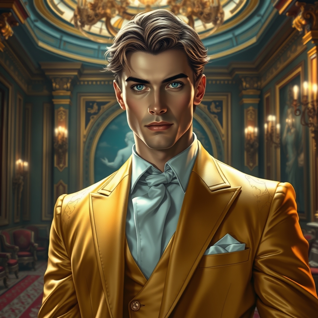 مرد خوش قیافه سفید پوست چشم آبی با کت و شلوار طلایی در سالن قصر اختصاصی23