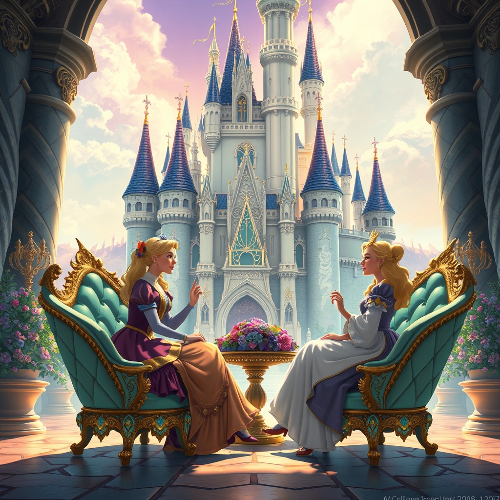 عکس از قلعه‌های دیزنی لند ه ملکه‌های دیزنی به شکل انسان آنجا بر روی صندلی‌های جنس الماس نشسته و با هم صحبت می‌کنند2