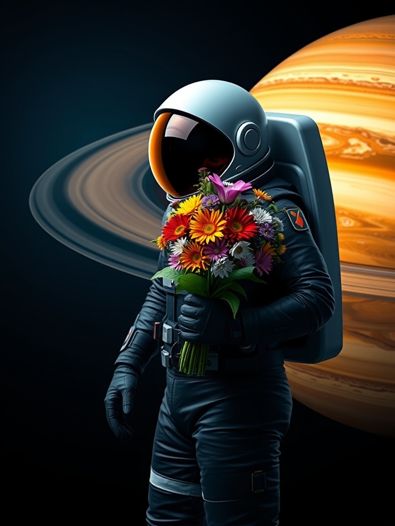 فضا نورد با لباس مشکی در کنار سیاره زحل که در دست یک دسته گل زیبا رنگارنگ دارد2